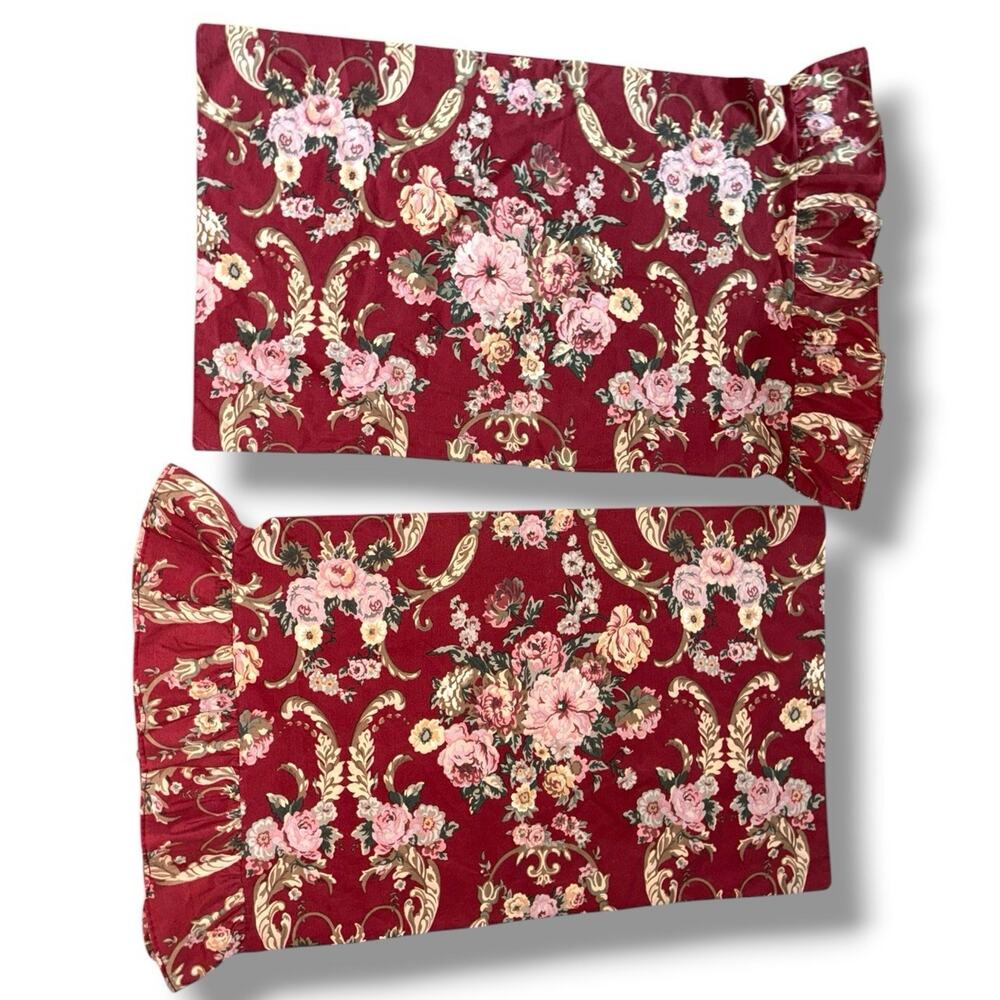 Vintage Ralph Lauren Danielle Marseille Red Standard Ruffled Pillow Case Pair